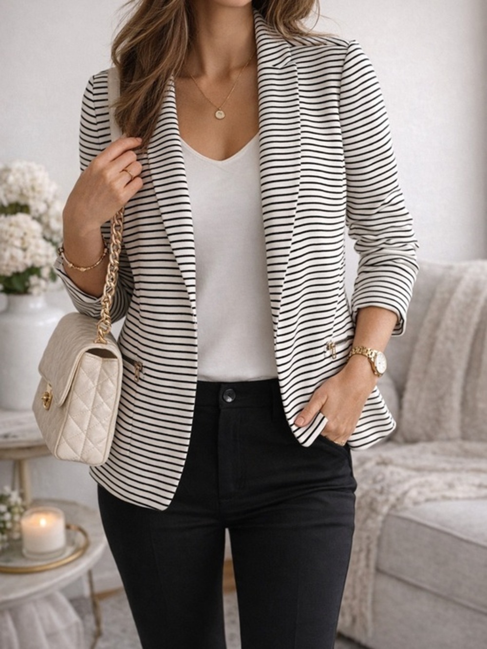 Striped Open-Front Blazer Jacket - Black & White